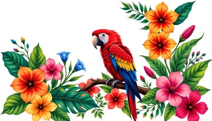 a vibrant parrot with a colorful floral frame surrounding it. the bird is perched on a branch, showcasing its bright feathers and distinctive crest