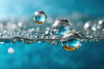 Oil drops and bubbles floating over water with a blue background