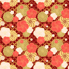 日本の伝統文様ねじり梅と七宝のシームレス画像