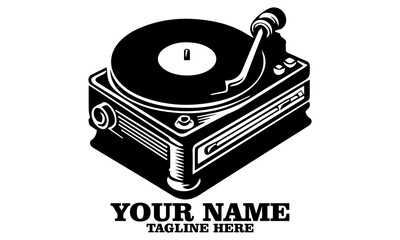 Illustration of a classic turntable and record player vector design and logo icon with white background