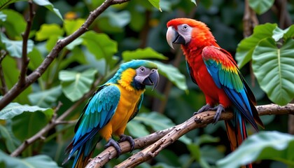 this is a photograph showcasing two parrots perched on a branch, surrounded by lush greenery that suggests a tropical setting
