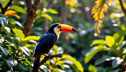 a vibrant macaw perched confidently on a lush green plant amidst a sunlit environment. the bird's vivid plumage contrasts beautifully with its surroundings