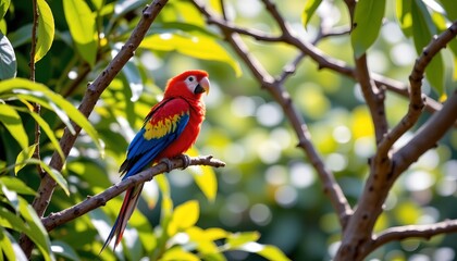 Fototapeta premium a vibrant parrot perched in a tree, surrounded by lush green leaves. the parrot is the central focus, with its vivid plumage standing out against the foliage