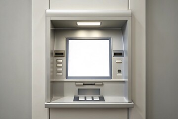 A silver coin machine with a white screen