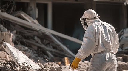 Rescue Worker in Protective Gear at a Demolition Site