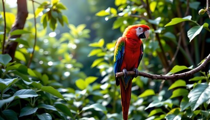 a vibrant parrot perched on a branch amidst lush greenery