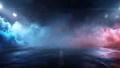 Obraz premium Dark, smoky, neon-lit roadway