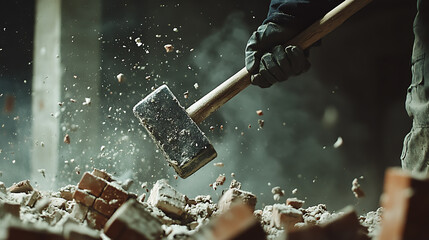 Worker using a sledgehammer to break concrete, creating a cloud of dust and debris.