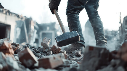 Worker Using Sledgehammer Amidst Debris