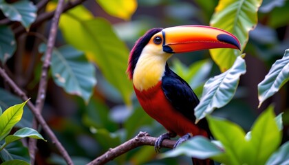 Fototapeta premium a vibrant toucan perches confidently in the midst of lush greenery, its multicolored feathers contrasting with the verdant surroundings