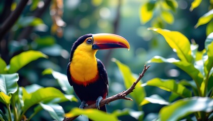 Obraz premium a vibrant tropical bird perched in a lush green foliage environment