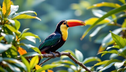 Fototapeta premium a vibrant toucan perched on a branch with green leaves. it is standing amidst lush tropical foliage, with sunlight filtering through the canopy creating dappled patterns of light and shadow around it