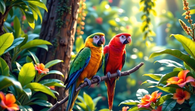 two parrots perched on a branch amidst lush greenery and colorful flowers. they are set against a backdrop of a tropical forest, with vibrant red blooms adding to the natural beauty of the scene