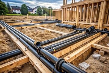 A construction site with pipes and wooden boards