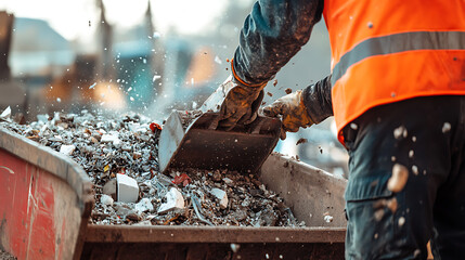 Worker in Safety Gear Sorting Debris with a Shovel