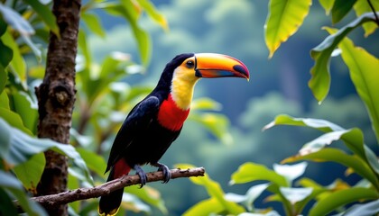 a vibrant tropical parrot perched confidently atop a branch amidst lush foliage