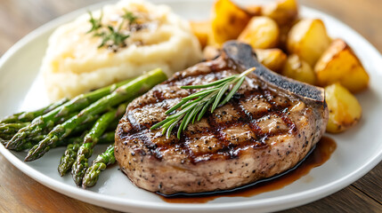 Grilled Pork Chop with Asparagus, Mashed Potatoes, and Roasted Potatoes