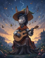 Fototapeta premium A Musical Donkey's Twilight Serenade: Fantasy Illustration of a charming donkey playing a guitar under a starry sky, surrounded by magical elements.