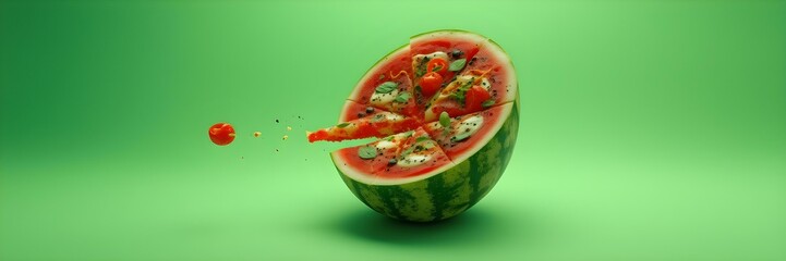 Watermelon Symphony: A sliced watermelon, with vibrant colors and enticing textures, explodes with a burst of juicy tomatoes, set against a vivid green backdrop.