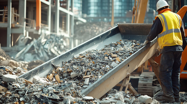 Worker managing debris on a conveyor belt at a construction site