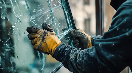 Worker Removing Shattered Glass from Window Frame