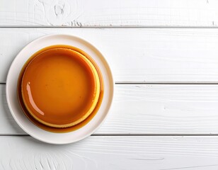 A delectable caramel flan dessert sits on a white plate atop a rustic white wood table ready for a sweet treat.