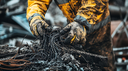 Worker Handling Burnt Electrical Wires in a Recycling Facility