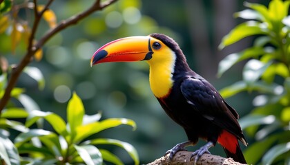 Fototapeta premium a vibrant parrot with bright yellow feathers and a distinctive red crest perched atop a branch in an outdoor setting
