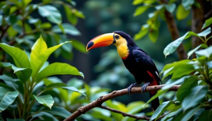 a brightly colored toucan perched on a branch in what appears to be a lush tropical setting with verdant foliage