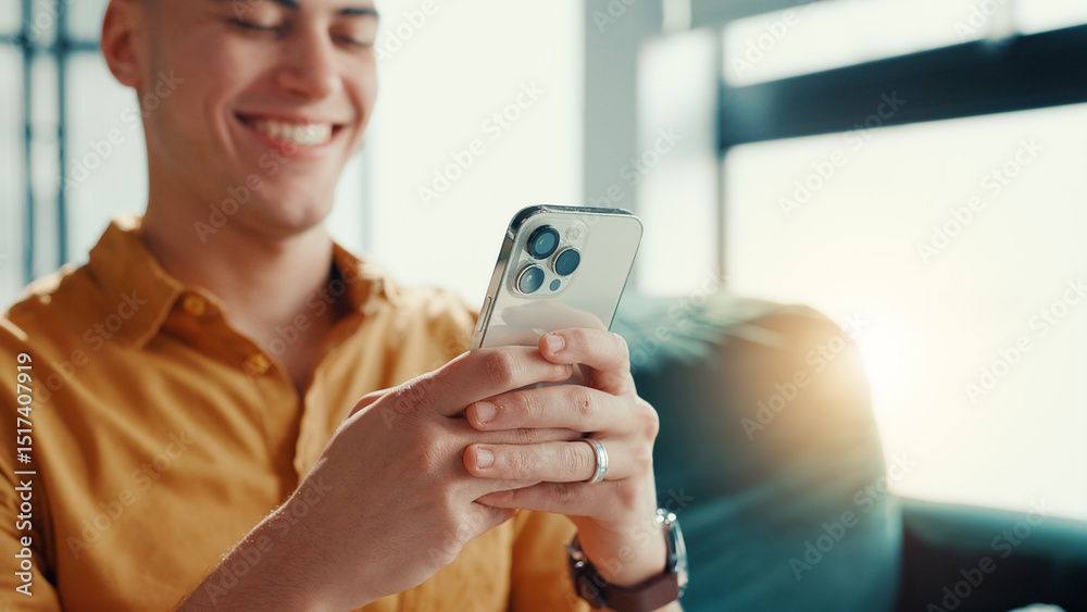 Poster Hands, phone and relax with man on sofa in living room of home for break or internet browsing. App, social media and text message with smile of person in apartment for communication or connection