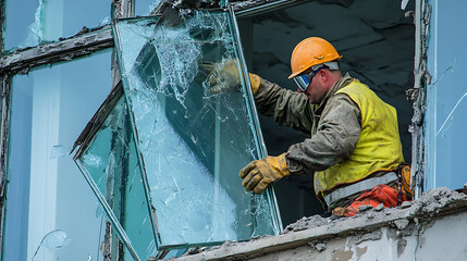 Worker Removing Shattered Glass from a Window Frame