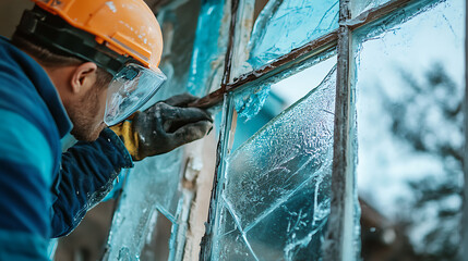 Worker Removing Broken Glass from Window Frame