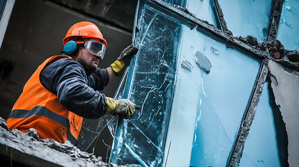 Worker in Safety Gear Removing Broken Glass from a Damaged Building