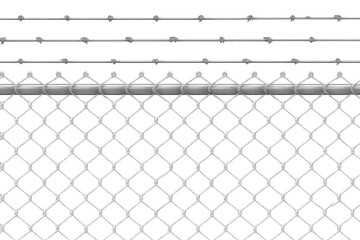Fototapeta premium Close-up view of chain-link fencing with barbed wire strands running horizontally along the top section, isolated on a transparent background