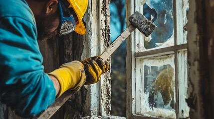 Worker Removing Old Window Frame with Hammer