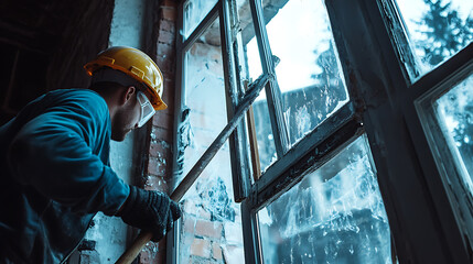 Worker in Hard Hat Repairing a Broken Window