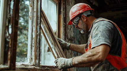 Worker in Safety Gear Installing a Window Frame