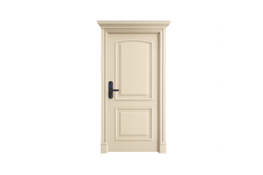 Light cream colored wooden door with two raised panels and modern electronic keypad lock, isolated on a transparent background