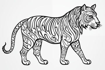 Simple line drawing of a tiger with intricate zentangle patterns for adult coloring book on white background. Vector art.