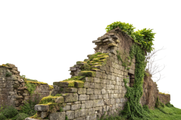 Moss-covered medieval stone wall ruins with deteriorating blocks and natural vegetation growth patterns throughout, isolated on a transparent background