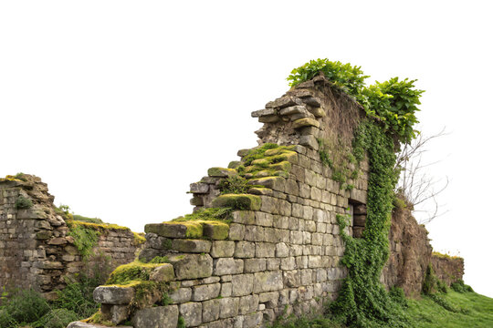 Moss-covered medieval stone wall ruins with deteriorating blocks and natural vegetation growth patterns throughout, isolated on a transparent background