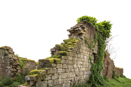 Moss-covered medieval stone wall ruins with deteriorating blocks and natural vegetation growth patterns throughout, isolated on a transparent background