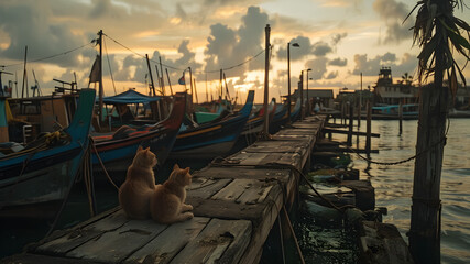 AI Image gen A traditional Malaysian fishing harbor at sunset