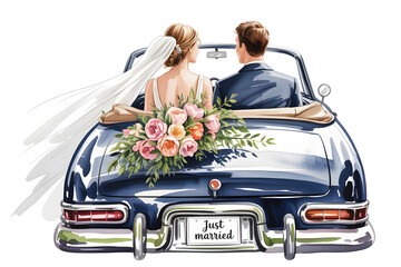 Vintage Green Wedding Car Decorated with Flowers and couple