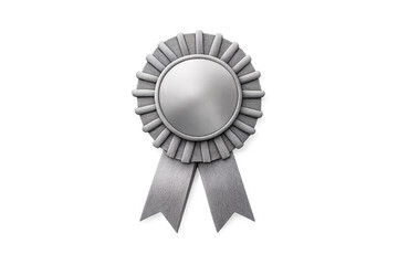 Silver prize rosette with textured pleated petals surrounding smooth center medallion and hanging ribbon streamers, isolated on a transparent background