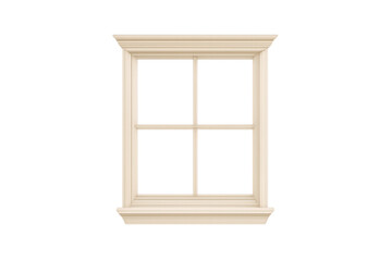 Simple wooden window frame with clean lines, crown molding, and four equal glass panel sections, isolated on a transparent background