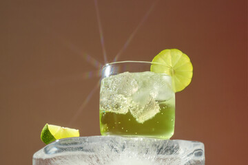 A vibrant green cocktail with lime and ice. Tasty summer drink
