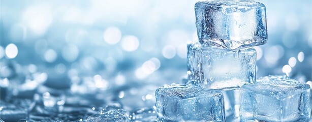 Crystal Cubes: A stack of transparent ice cubes gleams with crystalline clarity against a soft, blurred backdrop, reflecting cool refreshment and purity.