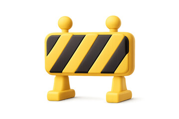 Yellow construction barrier with black diagonal hazard stripes supported by two angled legs and spherical tops, isolated on a transparent background