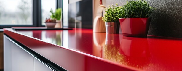 Red Glossy Kitchen Countertop: A close-up shot showcasing a sleek, glossy red countertop in a modern kitchen. The surface reflects light, highlighting its polished finish and clean lines.  
